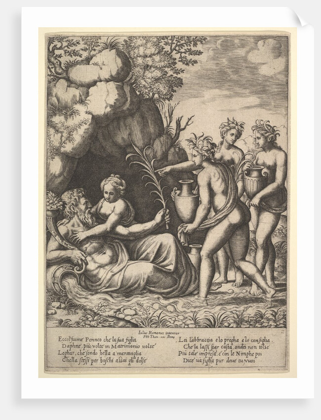 Daphne embracing her father, the river-god Peneus, at the left three nymphs bring jars …, 1530-60 by Master of the Die