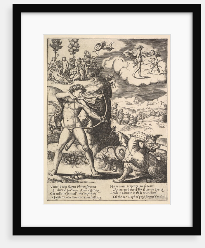 Apollo standing at left shooting a python with an arrow, above to the left are the muse…, 1530-60 by Master of the Die