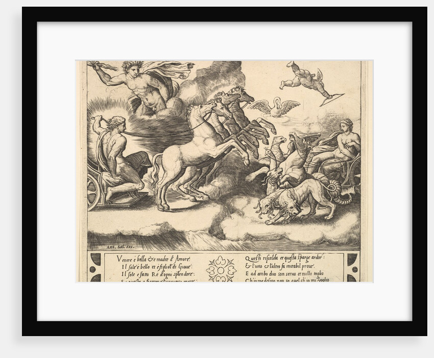 Apollo in his horse-drawn chariot at the left, above him above Jupiter hurls a thunderb…, 1530-60 by Master of the Die