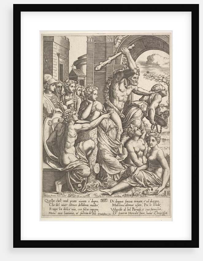 Envy or Avarice at the right being driven from the temple of the Muses by Hercules who …, 1530-60 by Master of the Die