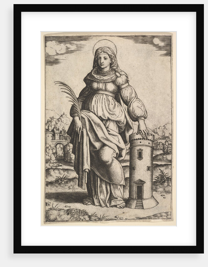 Saint Barbara standing, palm in her right hand, resting her left hand on a tower, 1530-60 by Master of the Die
