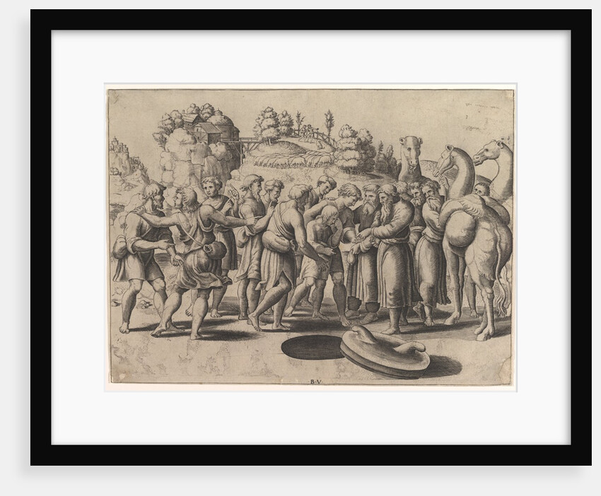 Joseph in the centre being sold by his brothers standing above a well, camels at the right, 1533 by Master of the Die