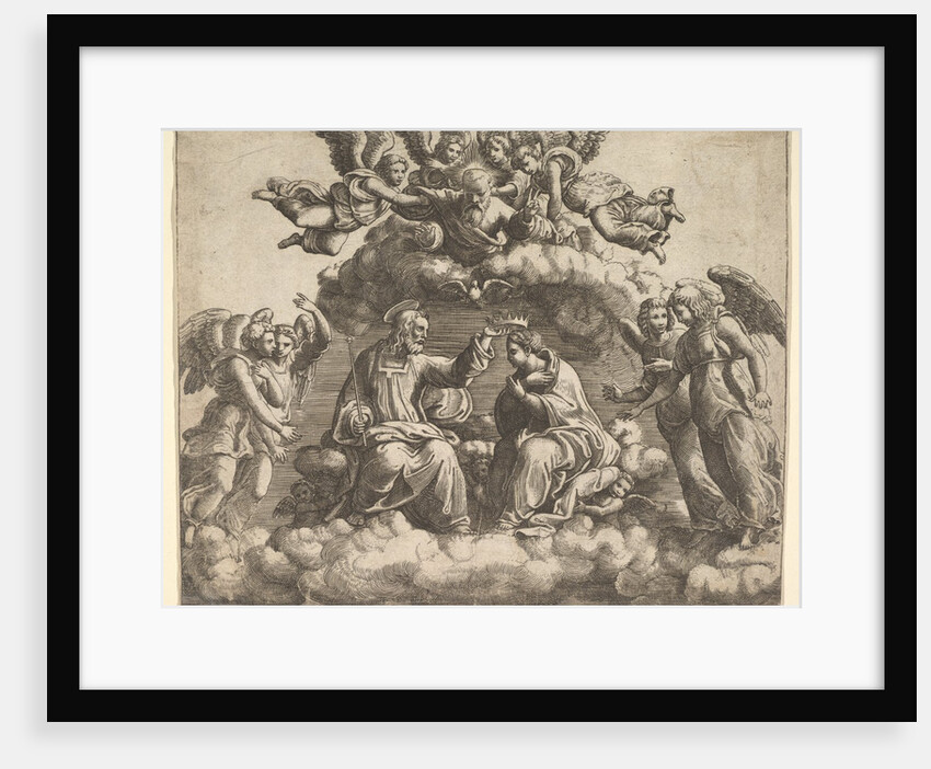 The coronation of the Virgin, Christ holding the crown over her head, God the Father bless…, 1532 by Master of the Die