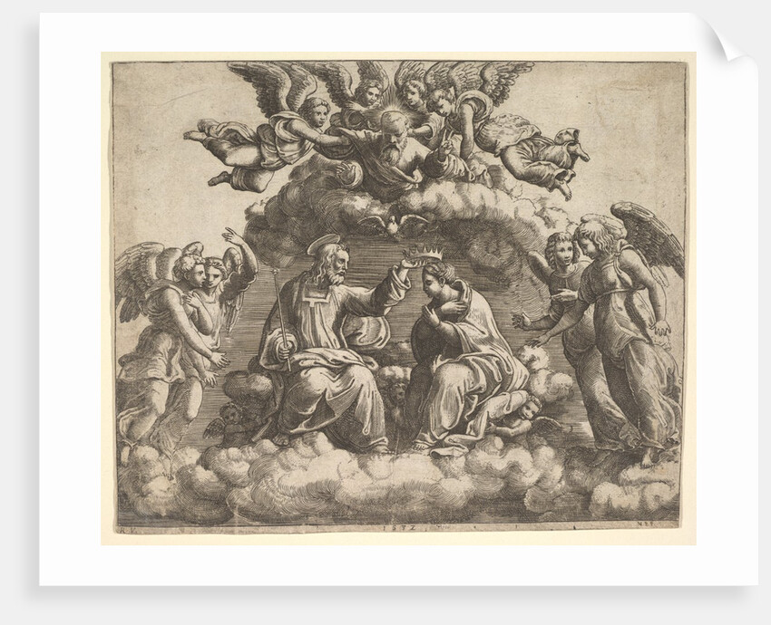The coronation of the Virgin, Christ holding the crown over her head, God the Father bless…, 1532 by Master of the Die