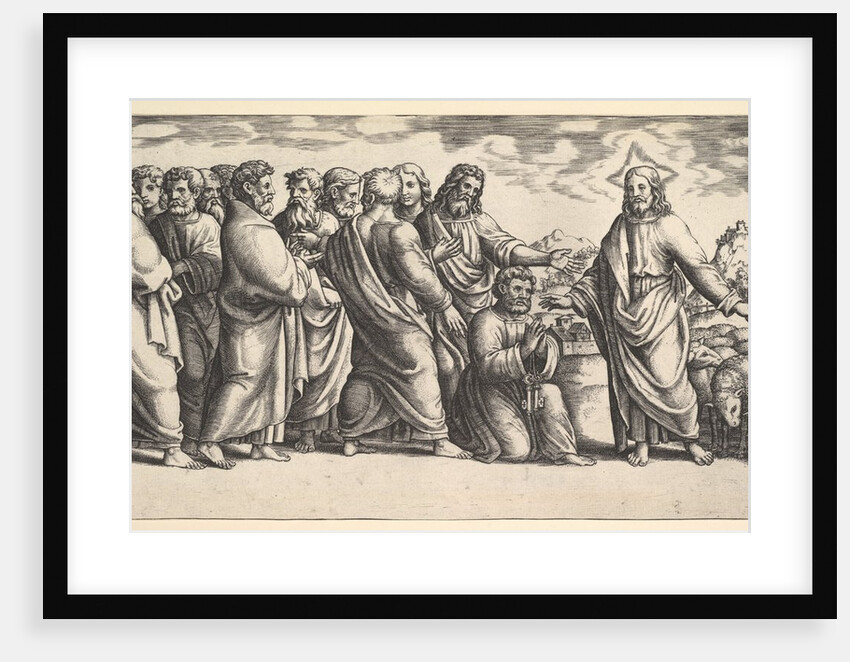 Christ standing at left indicating to a flock of sheep, before him kneels St. Peter hol…, 1530-60 by Master of the Die