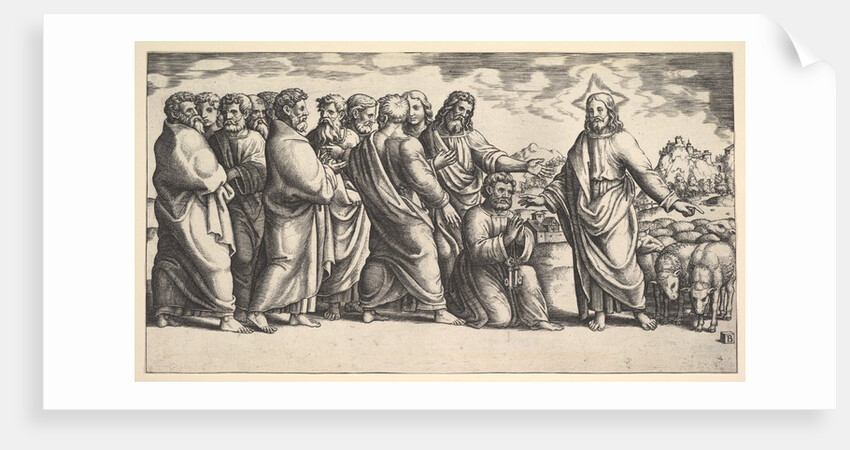 Christ standing at left indicating to a flock of sheep, before him kneels St. Peter hol…, 1530-60 by Master of the Die