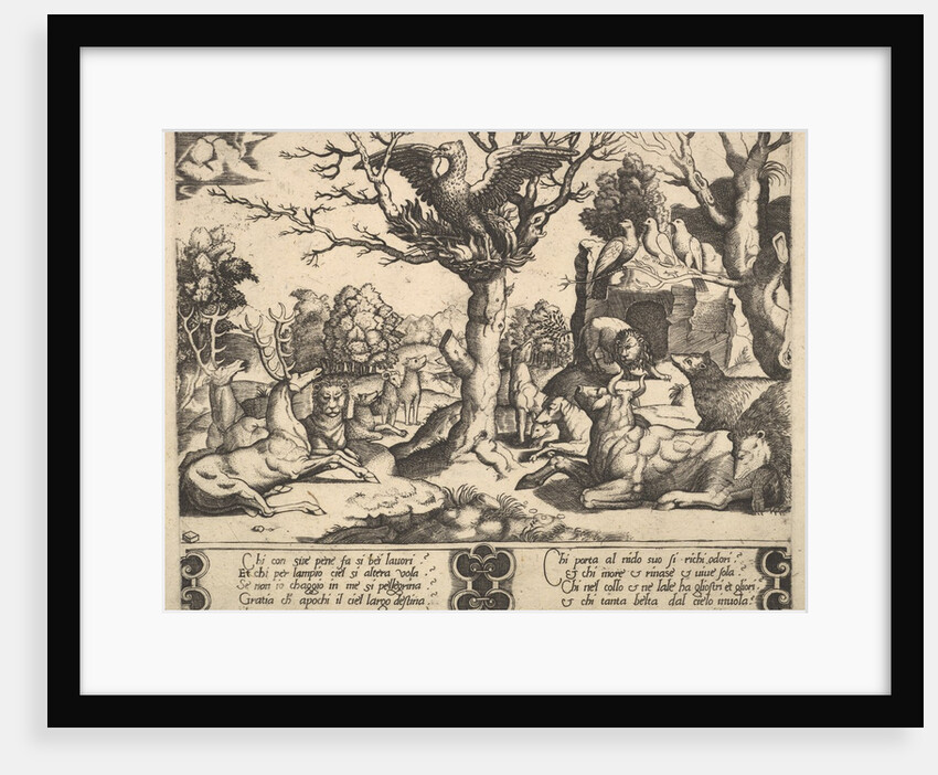 A phoenix sat atop a tree, wings open, an assortment of animals below, 1530-60 by Master of the Die