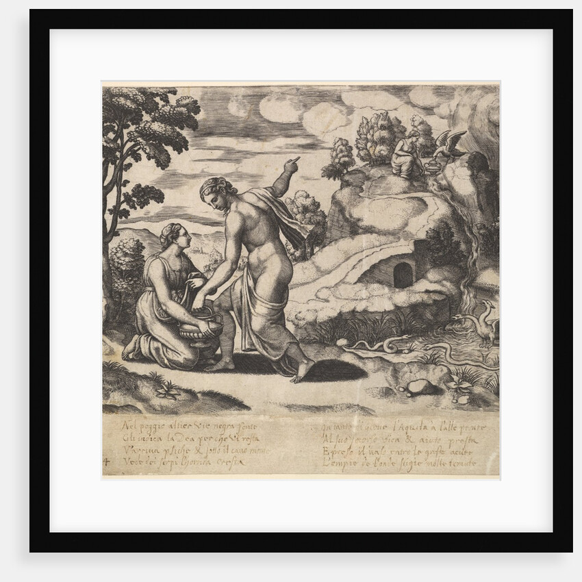 Venus ordering Psyche to take water from a fountain guarded by dragons, from the 'Fable…, 1530-60 by Master of the Die