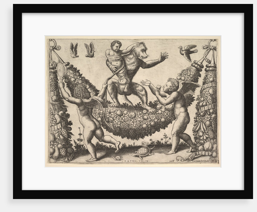 A monkey holding a bound putto standing on a garland in front of which are two winged p…, 1530-60 by Master of the Die