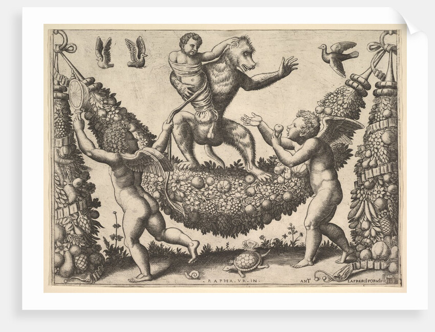 A monkey holding a bound putto standing on a garland in front of which are two winged p…, 1530-60 by Master of the Die