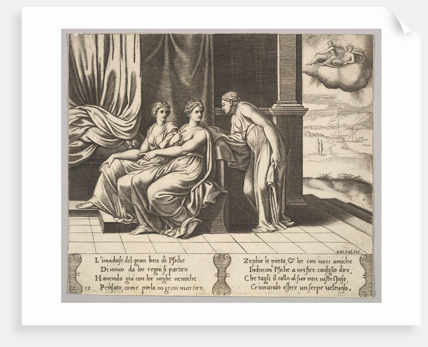 Plate 12: Psyche's sisters persuade her a serpent is sleeping with her, from 'The Fable…, 1530-60 by Master of the Die