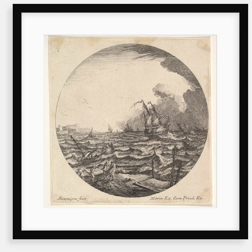 Tempest in a roundel composition, at left waves toss a small ship occupied by seven…, ca. 1625-60 by Matthijs van Plattenberg