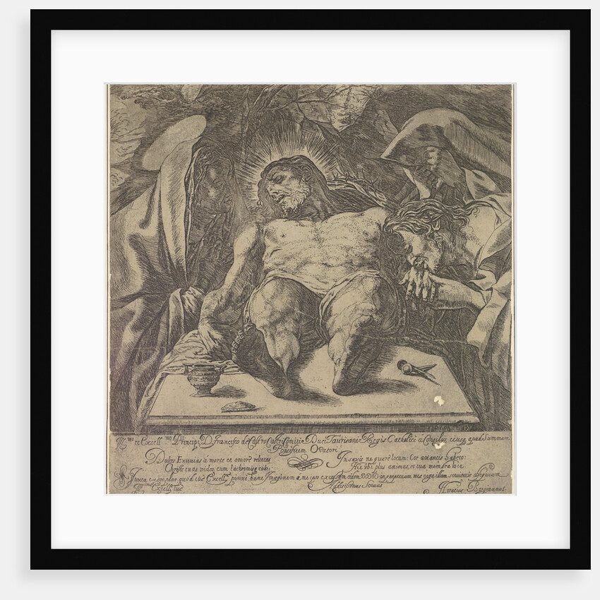 Lamentation over the body of Christ by the three Marys, a jar of ointment on the table to …, 1615 by Orazio Borgianni