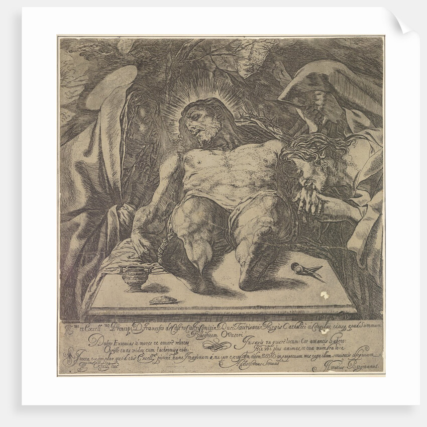 Lamentation over the body of Christ by the three Marys, a jar of ointment on the table to …, 1615 by Orazio Borgianni