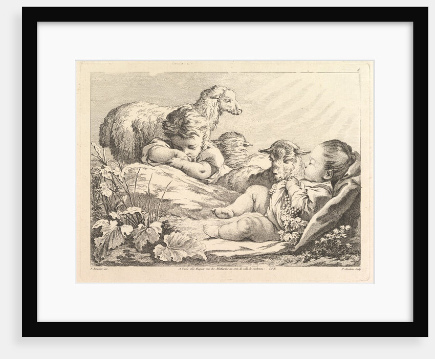 Two Sleeping Children With Three Sheep, 18th century by Pierre Alexandre Aveline