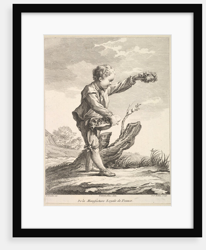 Little boy holding a wreath and basket of flowers, from Deuxième Livre de Figures d'…, after 1757 by Pierre Francois Tardieu