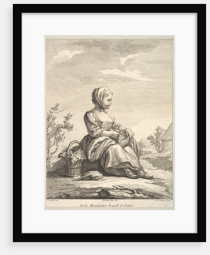 Little girl holding grapes with a basket of them by her side, from Deuxième Livre de…, after 1757 by Pierre Francois Tardieu