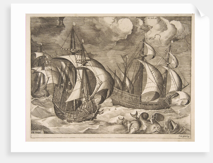Three Caravels in a Rising Squall with Arion on a Dolphin from The Sailing Vessels, 1561-65 by Frans Huys