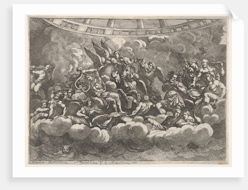 Gathering of various Olympian gods and mythological figures among clouds, Apollo at ce…, ca. 1680 by Pietro Santi Bartoli