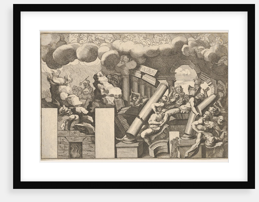 Giants crushed by rocks and the falling columns of the temple, clouds of smoke above…, ca. 1680 by Pietro Santi Bartoli