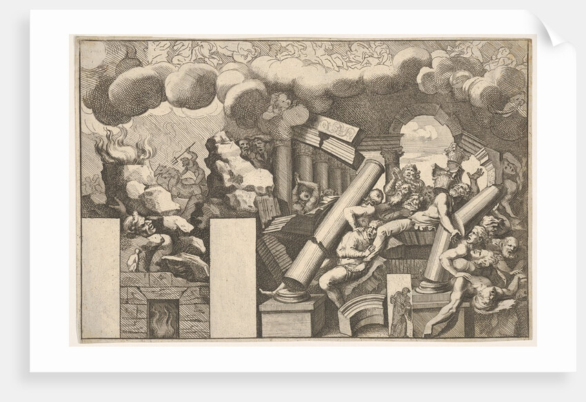 Giants crushed by rocks and the falling columns of the temple, clouds of smoke above…, ca. 1680 by Pietro Santi Bartoli