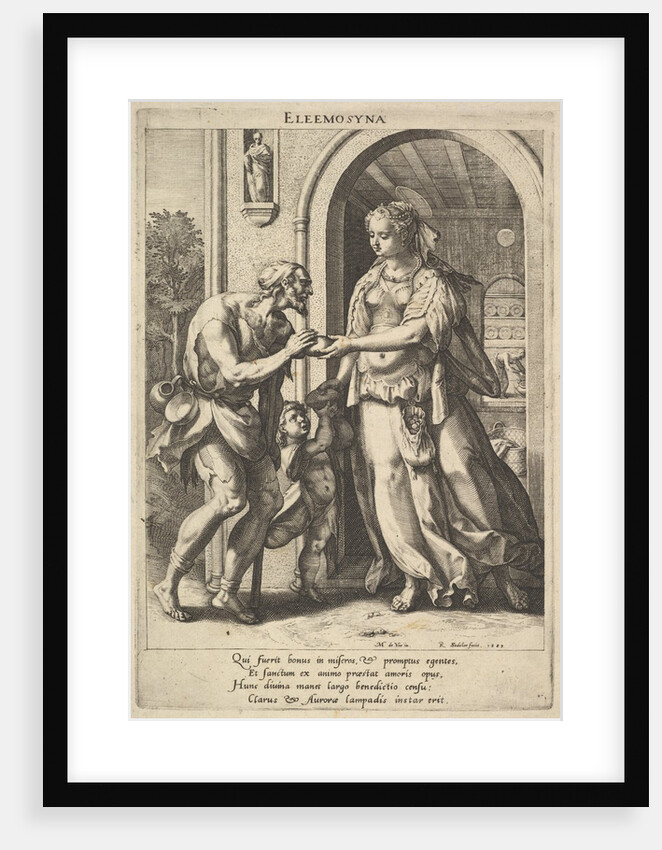 Alms-giving: a woman with pearl headdress and halo hands bread to two male beggars, one be…, 1589 by Raphael Sadeler