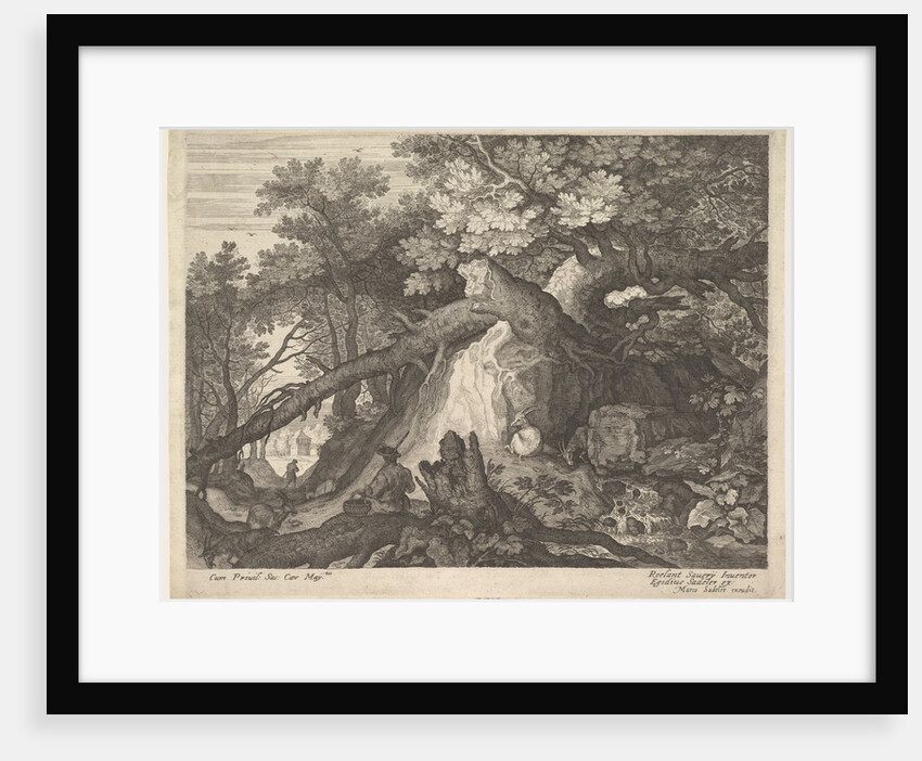 A man holding a staff and seated on a tree trunk; with two goats to either side; surro…, ca. 1600 by Aegidius Sadeler II