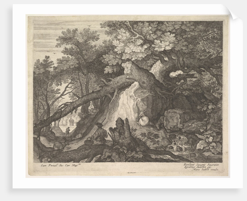 A man holding a staff and seated on a tree trunk; with two goats to either side; surro…, ca. 1600 by Aegidius Sadeler II