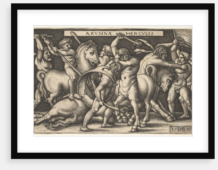 Hercules with his club in center fighting a centaur, other men fighting centaurs to left a…, 1542 by Sebald Beham