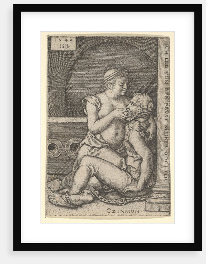 Cimon seated against a column at right, suckling from Pero who is kneeling next to him, 1544 by Sebald Beham