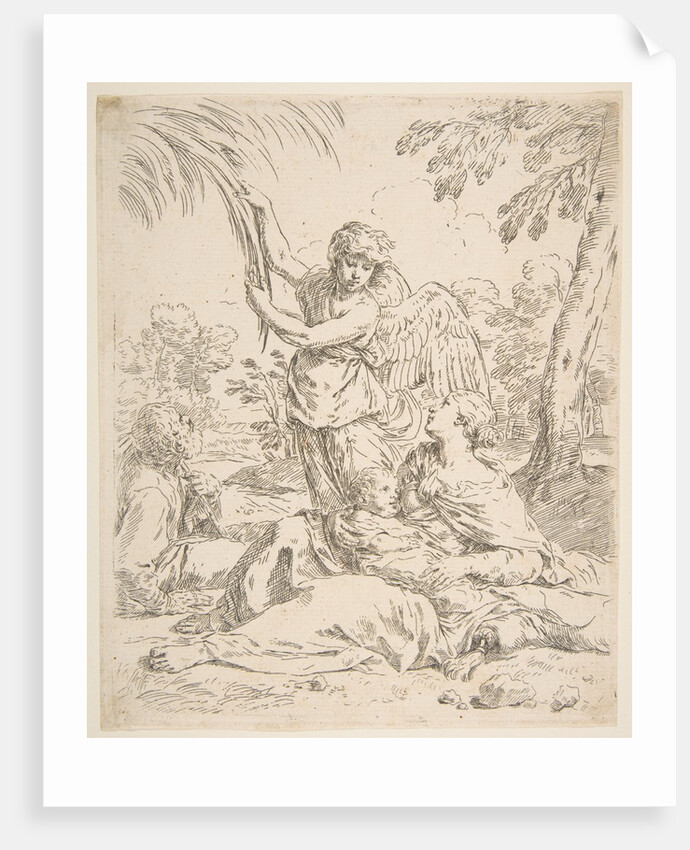 Repose in Egypt, Mary nursing the infant Christ while an angel pulls at tree branches, ca. 1639 by Simone Cantarini