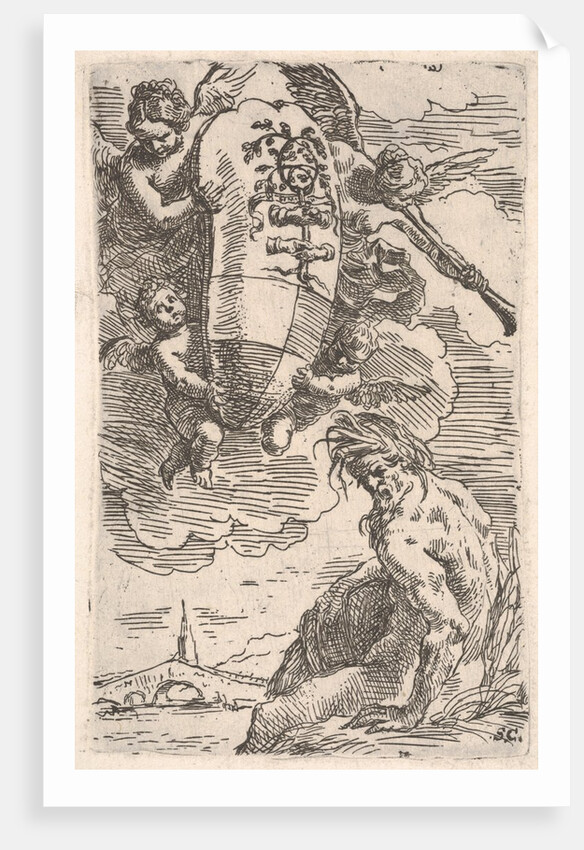 Allegory of the Foglia River and the city of Pesaro's coat of arms, frontispiece for 'Il P…, 1639 by Simone Cantarini