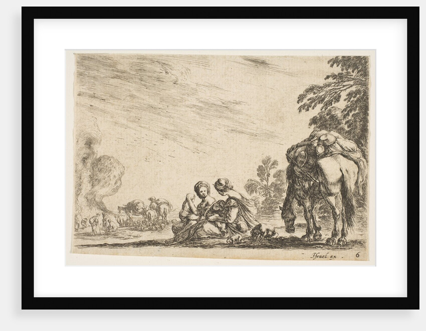 Plate 6: two women, one nursing a child, seated next to a dog and a horse carrying a pack…, 1642 by Stefano della Bella