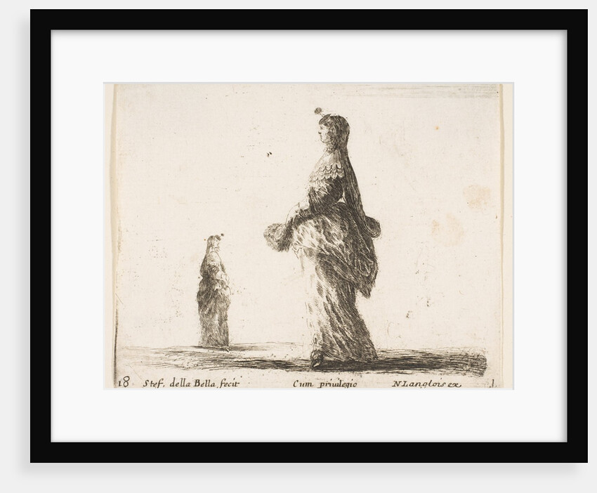 Plate 18: a noblewoman walking towards the left with a feathered fan, another woman…, ca. 1644-47 by Stefano della Bella