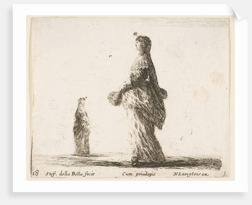 Plate 18: a noblewoman walking towards the left with a feathered fan, another woman…, ca. 1644-47 by Stefano della Bella