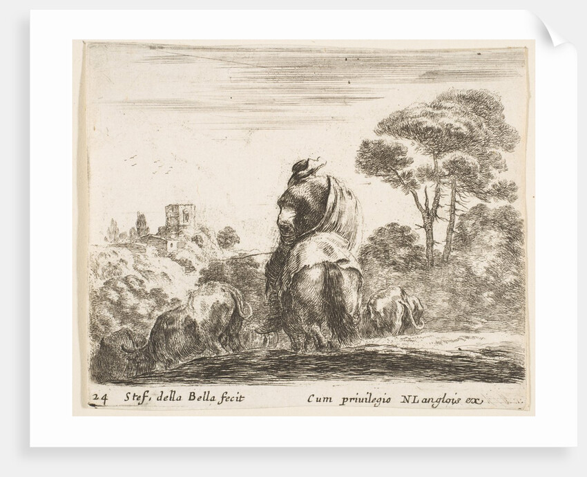Plate 24: herdsman atop a horse, seen from behind, leads his cattle down a hill, a …, ca. 1644-47 by Stefano della Bella