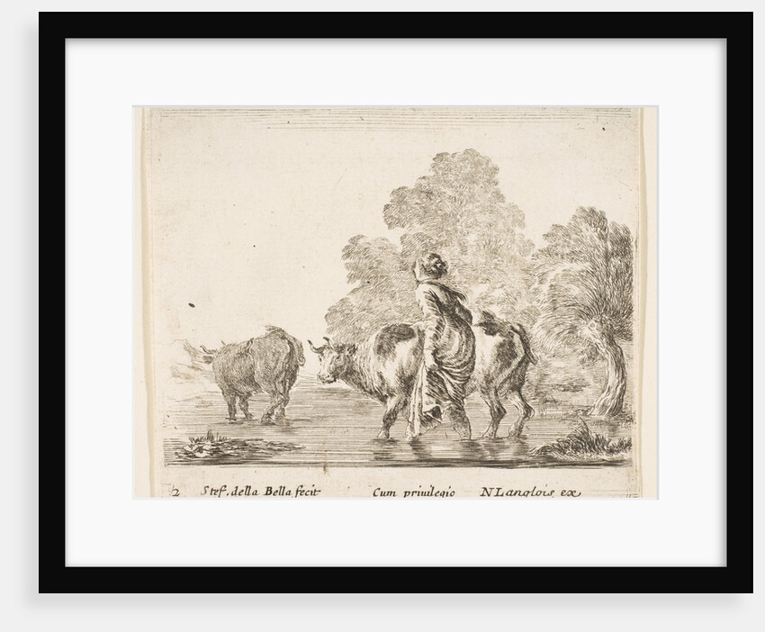 Plate 2: a peasant woman herds two cows across a stream, walking towards the left…, ca. 1644-47 by Stefano della Bella