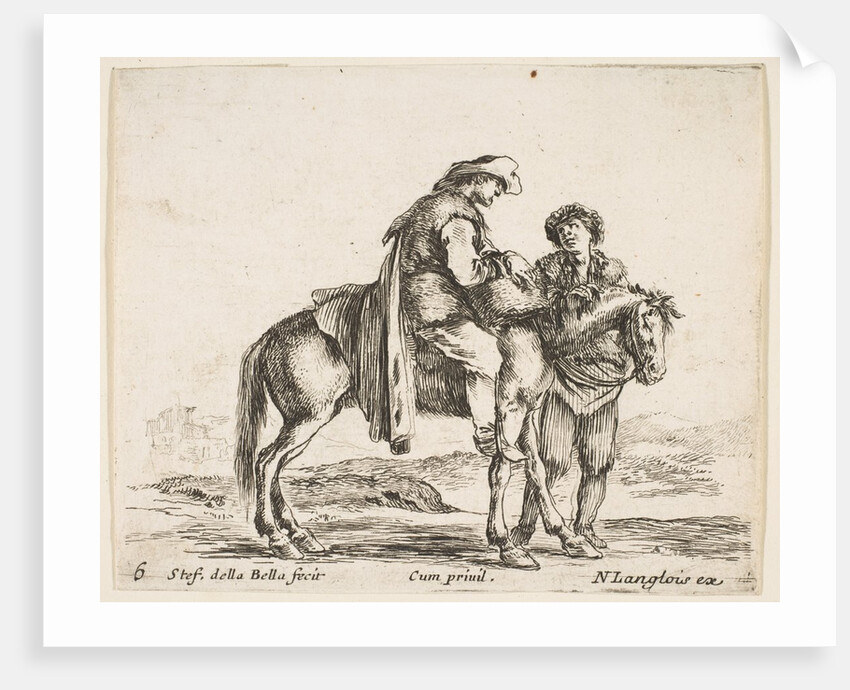 Plate 6: a peasant on horseback in profile facing the right, holding a basket and t…, ca. 1644-47 by Stefano della Bella