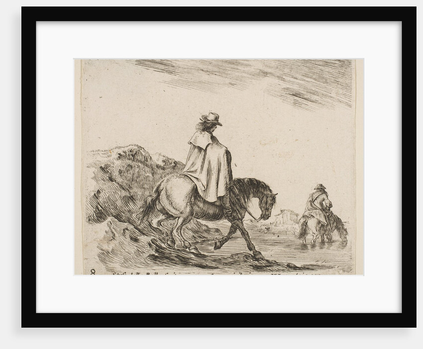 Plate 8: a horseman descends a riverbank, another horseman in river to right, from …, ca. 1644-47 by Stefano della Bella