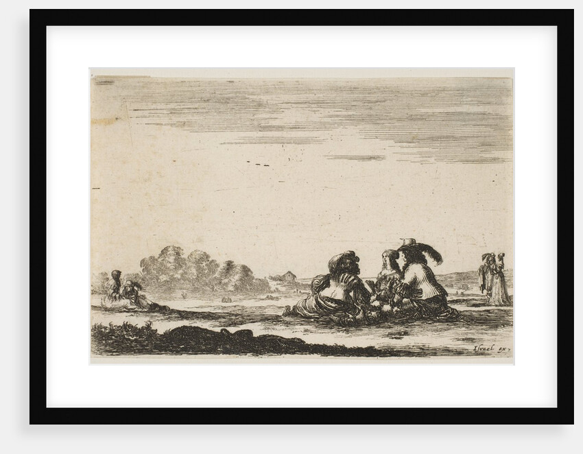 Plate 7: Two noblemen seated in center, seen from behind, conversing with a noblewoman sea…, 1642 by Stefano della Bella