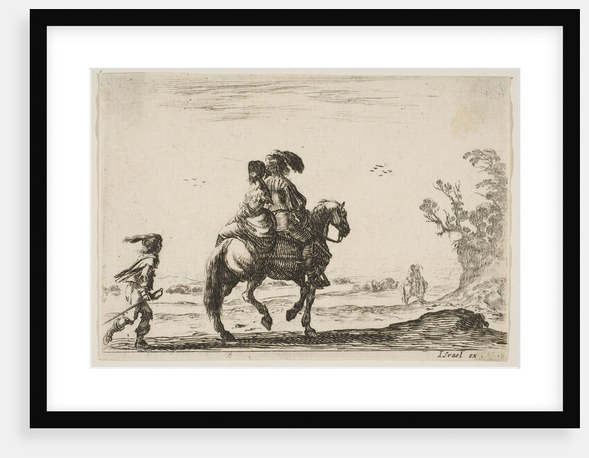 Plate 10: a horseman and a woman, seen from behind, riding towards the right with a young …, 1642 by Stefano della Bella
