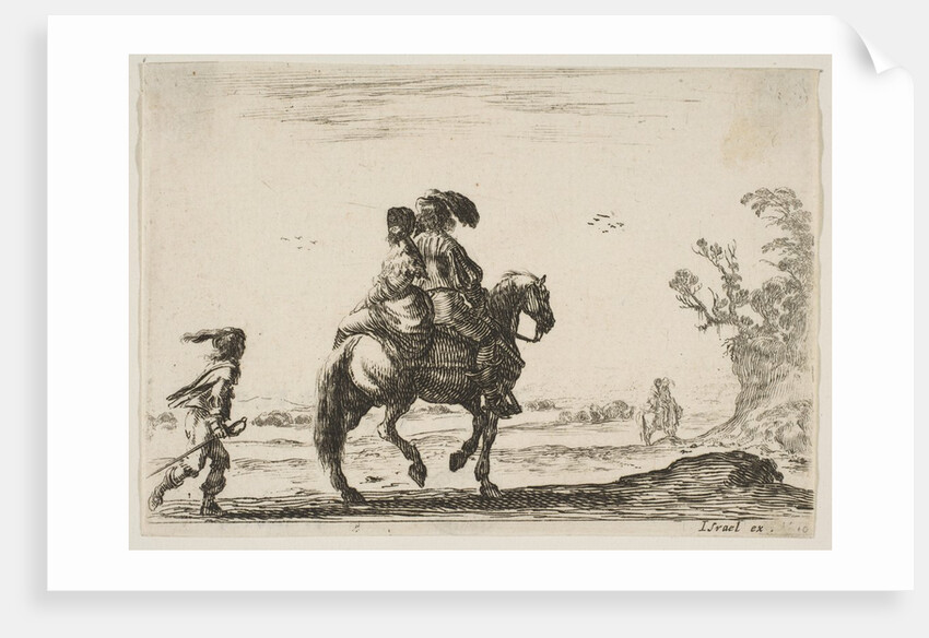 Plate 10: a horseman and a woman, seen from behind, riding towards the right with a young …, 1642 by Stefano della Bella