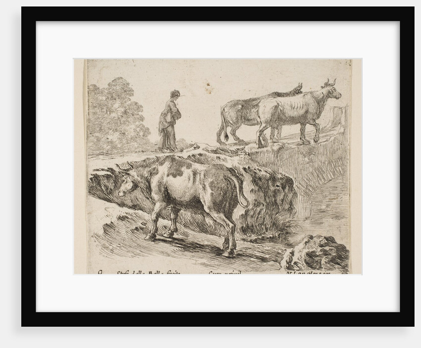 Plate 9: a cow ascending a bank, a peasant woman leading two cows across a bridge i…, ca. 1644-47 by Stefano della Bella