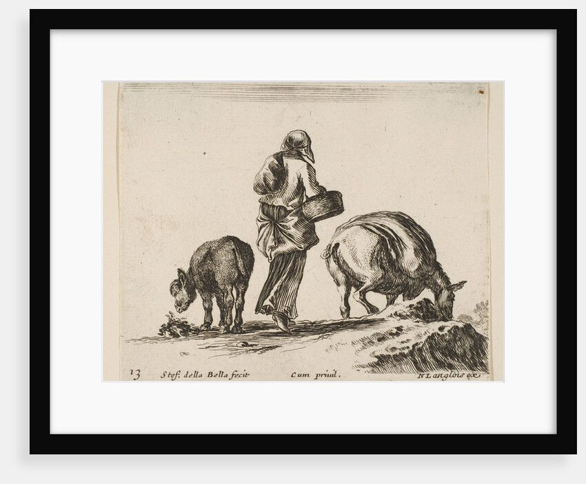 Plate 13: a peasant woman, seen from the back, holding a basket in center, a donkey…, ca. 1644-47 by Stefano della Bella