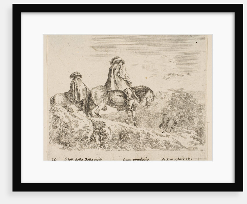 Plate 10: two horsemen descending a mountain at left, another horseman to right in …, ca. 1644-47 by Stefano della Bella