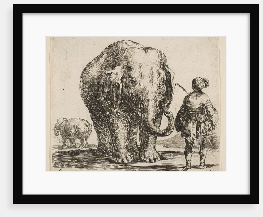 Plate 16: an elephant in center, his mahout standing to the right wearing an Orient…, ca. 1644-47 by Stefano della Bella