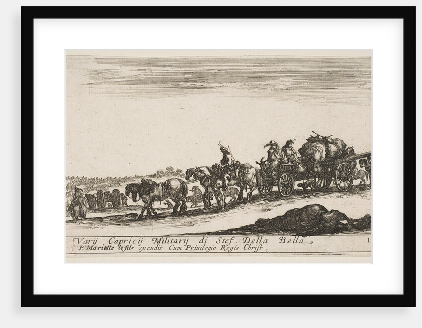 Plate 1: A horse drawn cart carrying people and goods, dead horse in the foreground, f…, ca. 1641 by Stefano della Bella