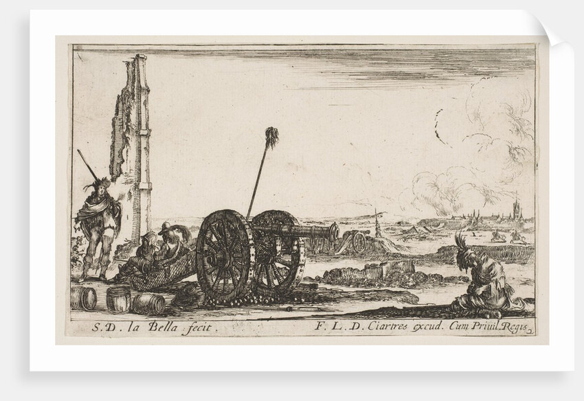 Plate 2: A cannon to the left, a town in the background, from 'Various Military Capric…, ca. 1641 by Stefano della Bella