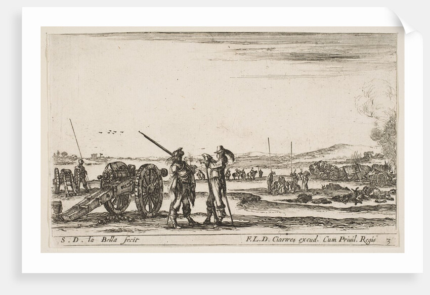 Plate 3: An officer giving orders to a solider in centre foreground, cannon at left, f…, ca. 1641 by Stefano della Bella
