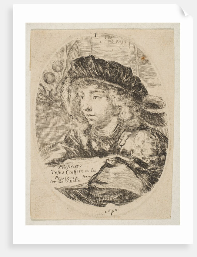 A bust of a young man wearing a cap with feathers, turned three-quarters to the left, the …, 1650 by Stefano della Bella